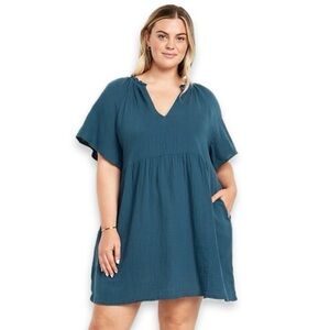 Old Navy Split-Neck Crinkle Gauze Cotton Mini Swing Dress Short Sleeve Teal